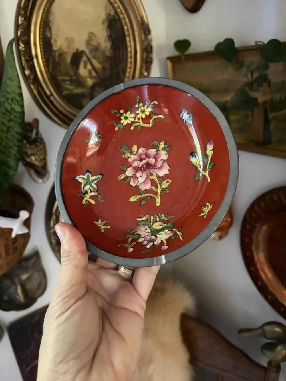 Vintage Porcelain Ware Pewter Encased Floral Ashtray Trinket Dish Hong Kong